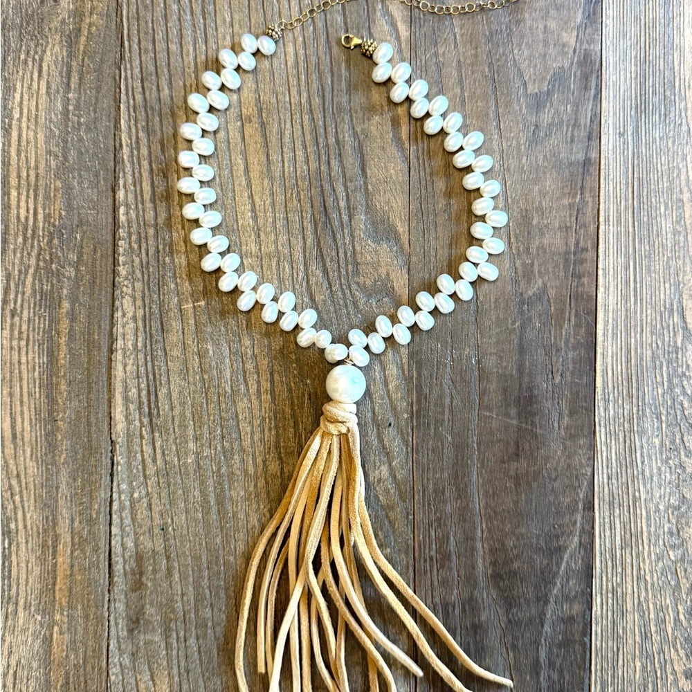 Pearl and Tan Tassel Necklace
